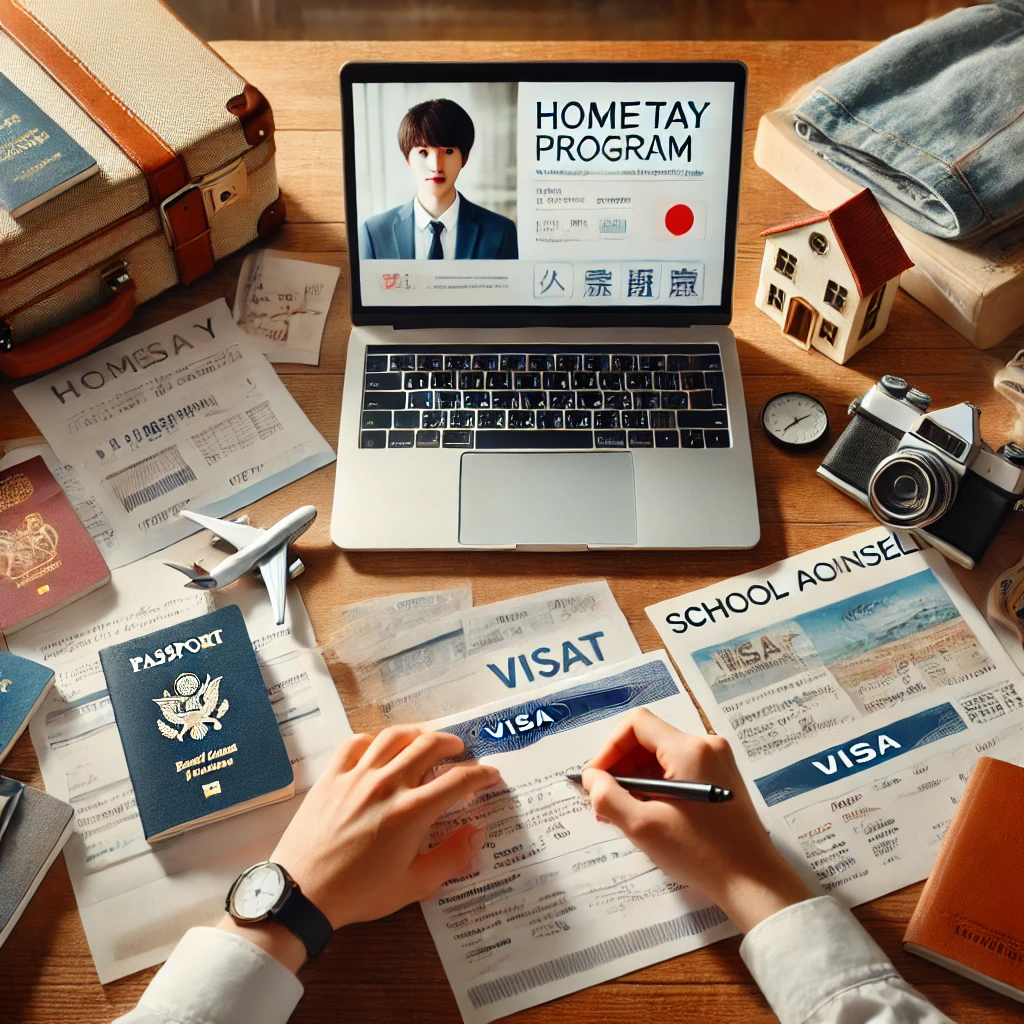 A realistic image showing the preparation for a homestay program by a Japanese student. The scene includes the student sitting at a desk with various documents such as a passport, visa, and school admission letters neatly organized. The student is also using a laptop for online counseling, with a friendly counselor on the screen. Around the desk, there are travel essentials like a suitcase, clothing, and a guidebook. The atmosphere is one of careful planning and excitement for the upcoming trip.