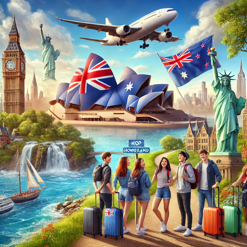 A realistic image showcasing the top countries recommended for a homestay program by SMARYU: Australia, New Zealand, the UK, and the USA. The image features iconic landmarks from these countries, such as the Sydney Opera House in Australia, a beautiful natural landscape from New Zealand, Big Ben in the UK, and the Statue of Liberty in the USA. In the foreground, there is a group of happy international students with their luggage, ready for their homestay adventure.