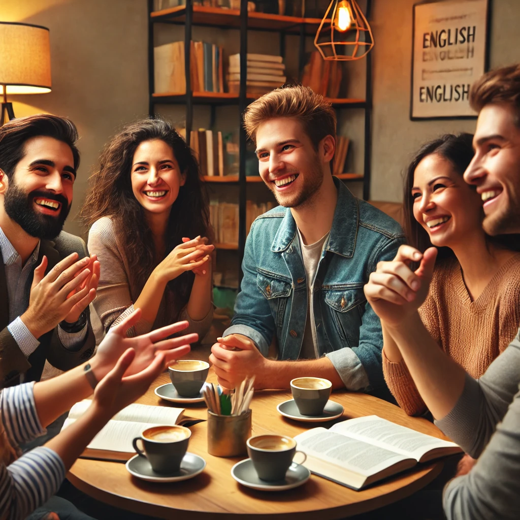 Here is the image depicting a diverse group of people engaged in a lively conversation in a cozy cafe setting, practicing English: