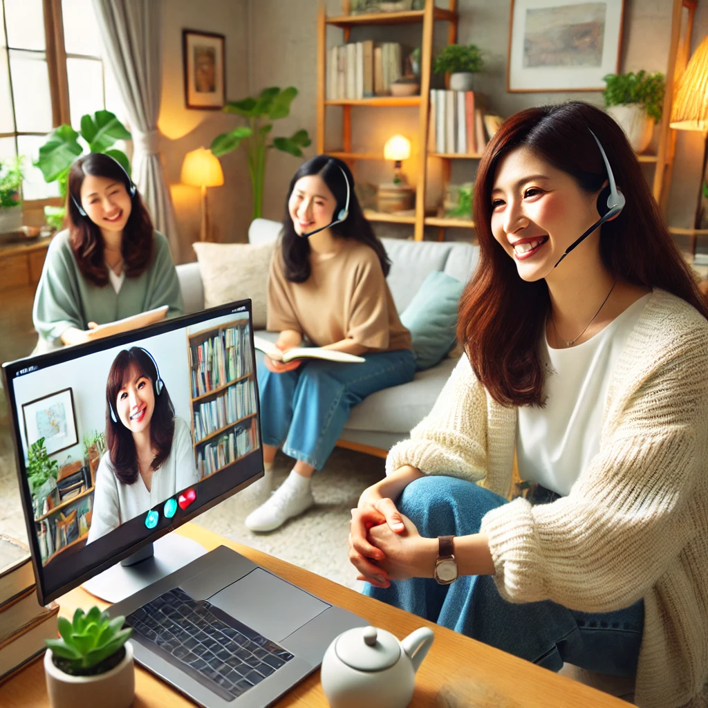 Here is the generated image depicting a relaxed and welcoming online environment where women are participating in an online English class. The scene includes female participants in a video call with a friendly female instructor, set in a cozy environment with personal touches such as plants, books, and comfortable furniture, creating a sense of community and comfort.

![Online English Class](file-gqBmVGdxha1OuZTW2PNv8Sbq)