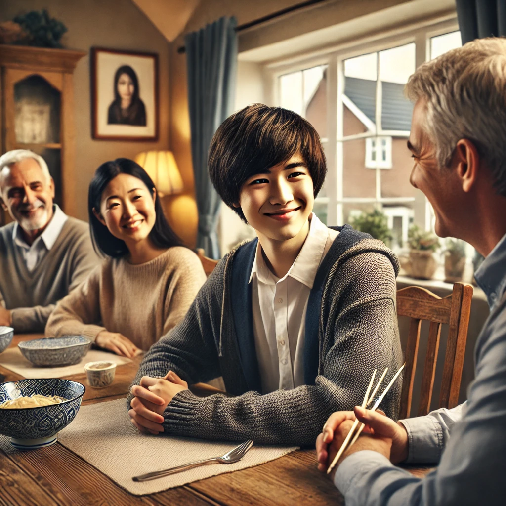 A realistic image showing the preparation for a homestay program by a Japanese student. The scene includes the student sitting at a desk with various documents such as a passport, visa, and school admission letters neatly organized. The student is also using a laptop for online counseling, with a friendly counselor on the screen. Around the desk, there are travel essentials like a suitcase, clothing, and a guidebook. The atmosphere is one of careful planning and excitement for the upcoming trip.